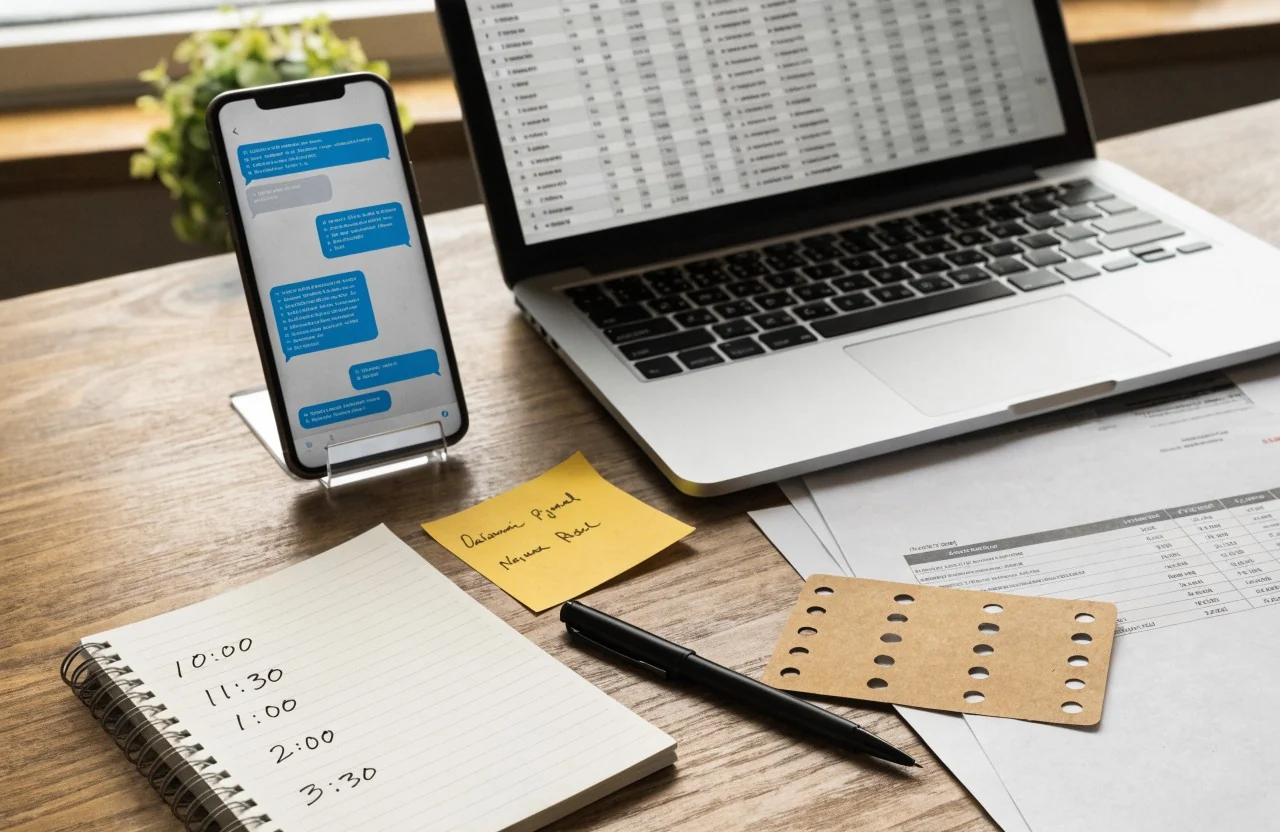 Un bureau encombré — ordinateur portable ouvert sur un tableur, téléphone affichant des SMS, carnet de rendez-vous manuscrit, pense-bête, carte de fidélité papier et facture imprimée.