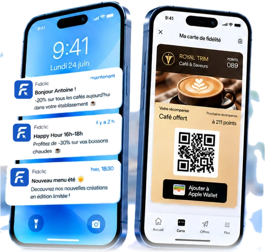 Deux téléphones Fidclic : à gauche l’écran verrouillé avec trois notifications, à droite la carte de fidélité Royal Trim dans l’application.