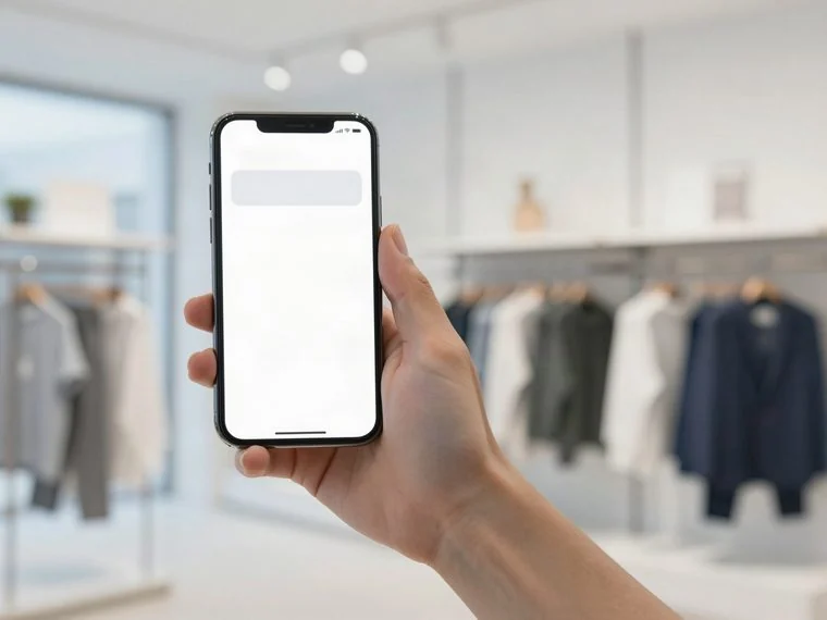 Un smartphone affichant un bandeau de notification neutre dans une boutique.