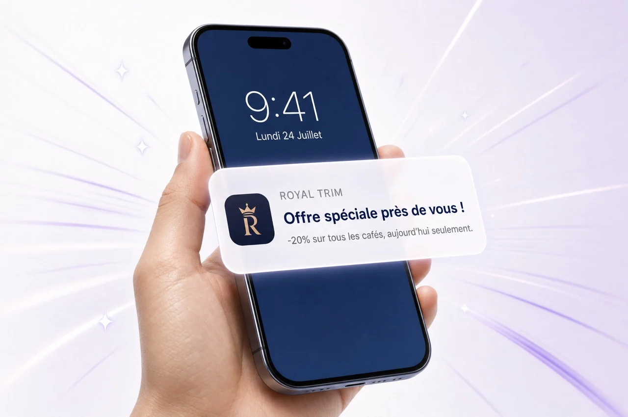 Une main tient un smartphone dont l’écran affiche une notification d’un commerce — « Offre spéciale près de vous ! −20 % sur tous les cafés, aujourd’hui seulement. »