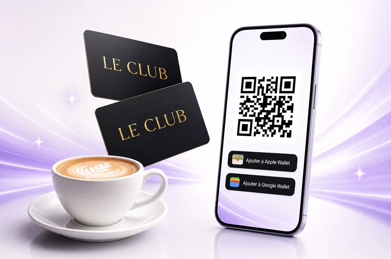 Deux cartes de fidélité noires « LE CLUB », une tasse de café et un smartphone affichant une carte de fidélité à QR code prête à être ajoutée au Wallet.